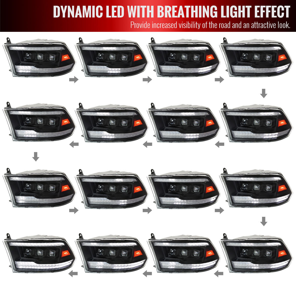 Spec-D Tuning - 2009-2018 Dodge RAM 1500 / 2019 RAM Classic / 2010-2018 RAM 2500 3500 Switchback Sequential Full LED Projector Headlights (Matte Black Housing/Clear Lens) - 2LHE-RAM09JM-SQ-RS