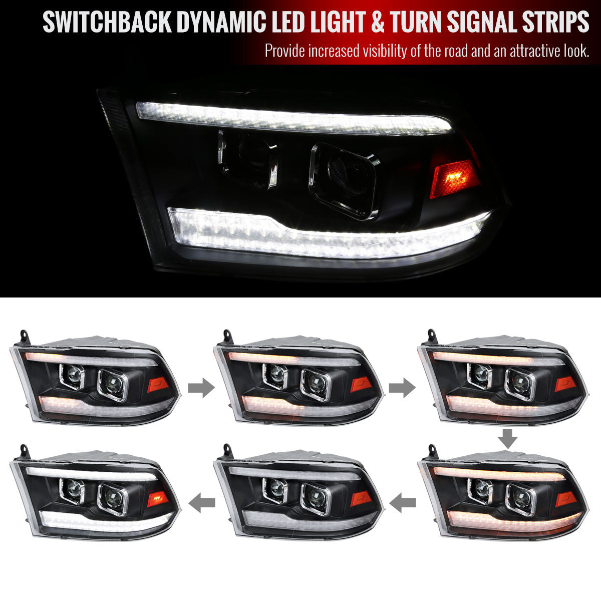 Spec-D Tuning - 2009-2018 Dodge RAM 1500  / 2019-2021 RAM Classic / 2010-2018 RAM 2500 3500 Switchback Sequential Projector Headlights (Matte Black Housing/Clear Lens) - 2LHP-RAM09JMG7-SQ-RS