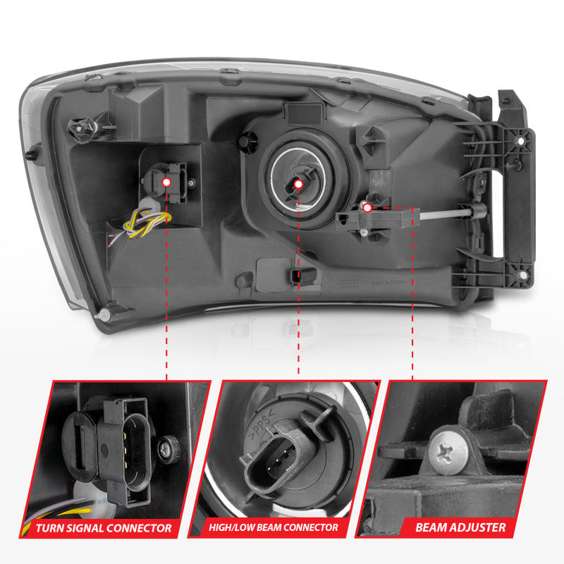 Anzo 06-09 Dodge RAM 1500/2500/3500 Headlights Black Housing/Clear Lens (w/Switchback Light Bars) - 111526