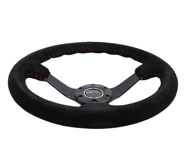 NRG Reinforced Steering Wheel (350mm / 3in. Deep) Blk Suede/Red BBall Stitch w/5mm Matte Blk Spokes - RST-036MB-S-RD - front view