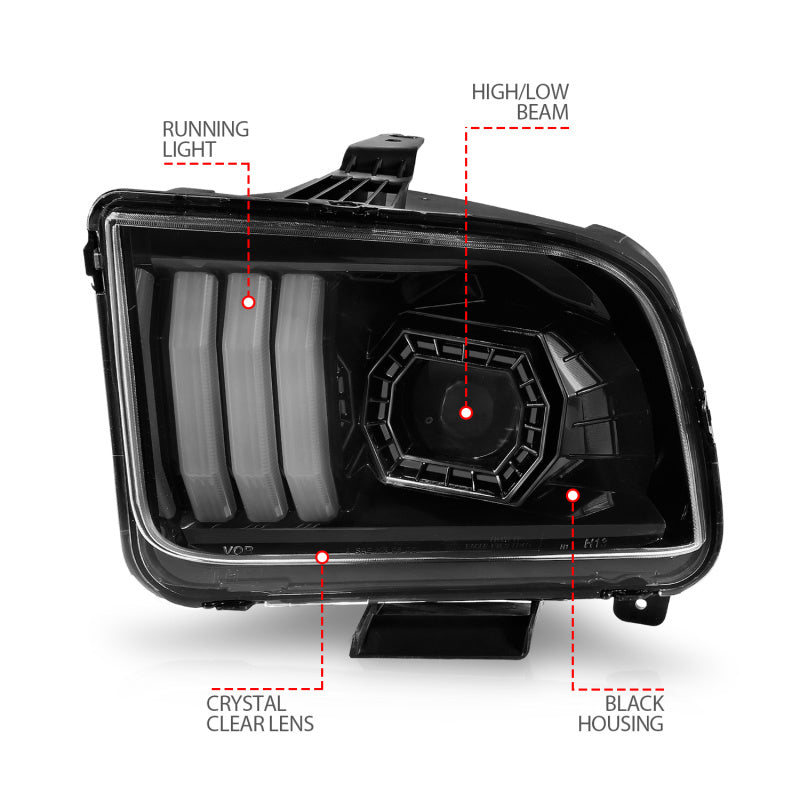 ANZO 05-09 Ford Mustang (w/Factory Halogen HL Only) Projector Headlights w/Light Bar Black Housing - 121566