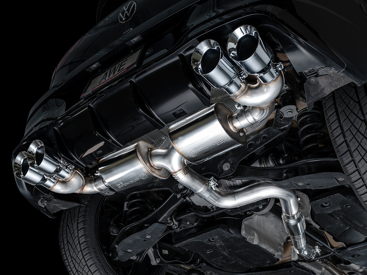 AWE MK8 Volkswagen Golf R 3in Touring Edition Quad Exhaust - Chrome Silver Tips - 3015-42658