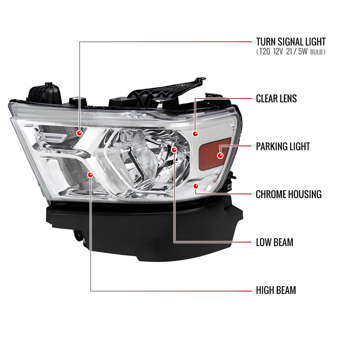 Spec-D Tuning - 2019-2024 Dodge Ram 1500 Factory Style Crystal Headlight - Driver Side Only (Chrome Housing / Clear Lens) - 2LH-RAM1915-L-RS
