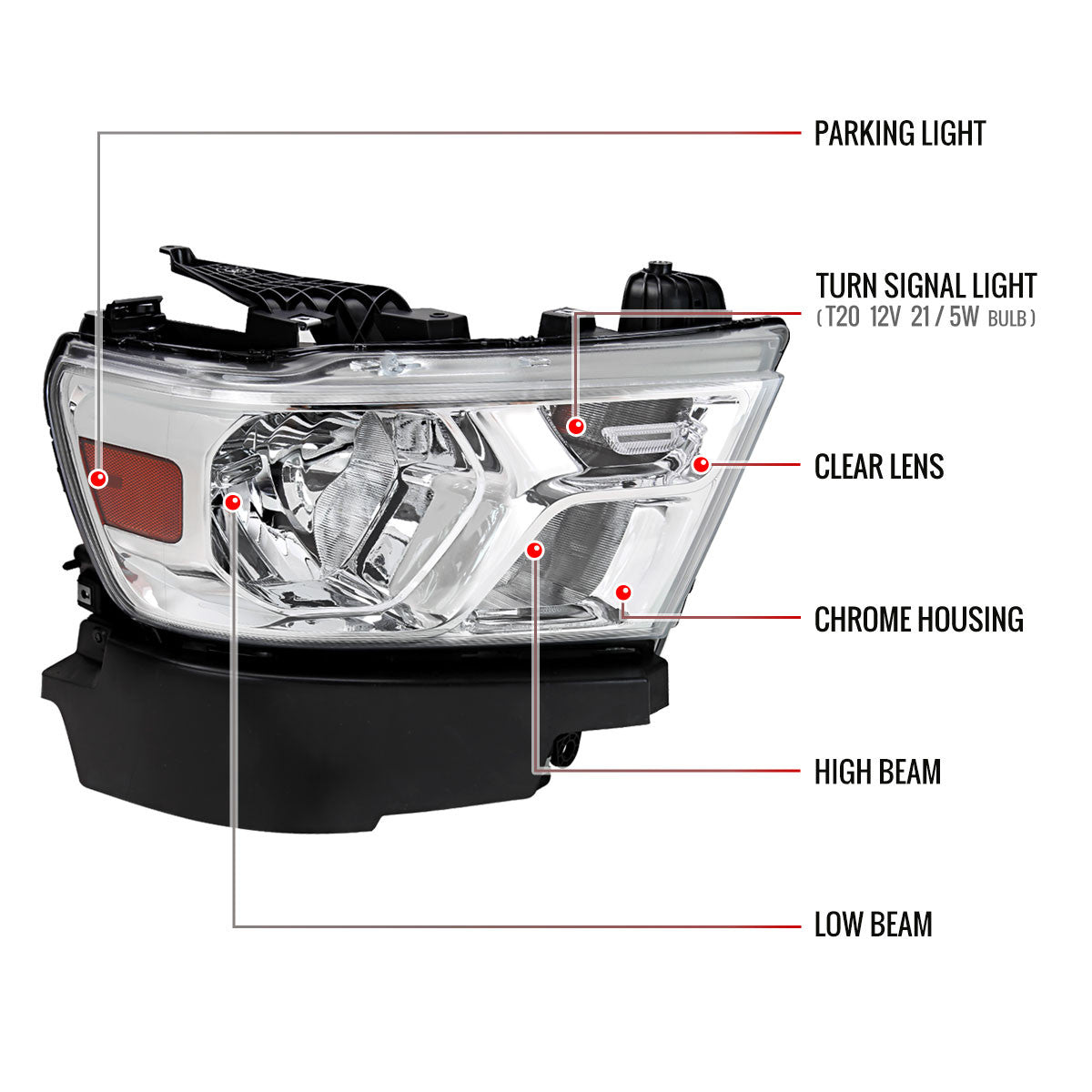 Spec-D Tuning - 2019-2024 Dodge Ram 1500 Factory Style Crystal Headlight - Passenger Side Only (Chrome Housing / Clear Lens) - 2LH-RAM1915-R-RS