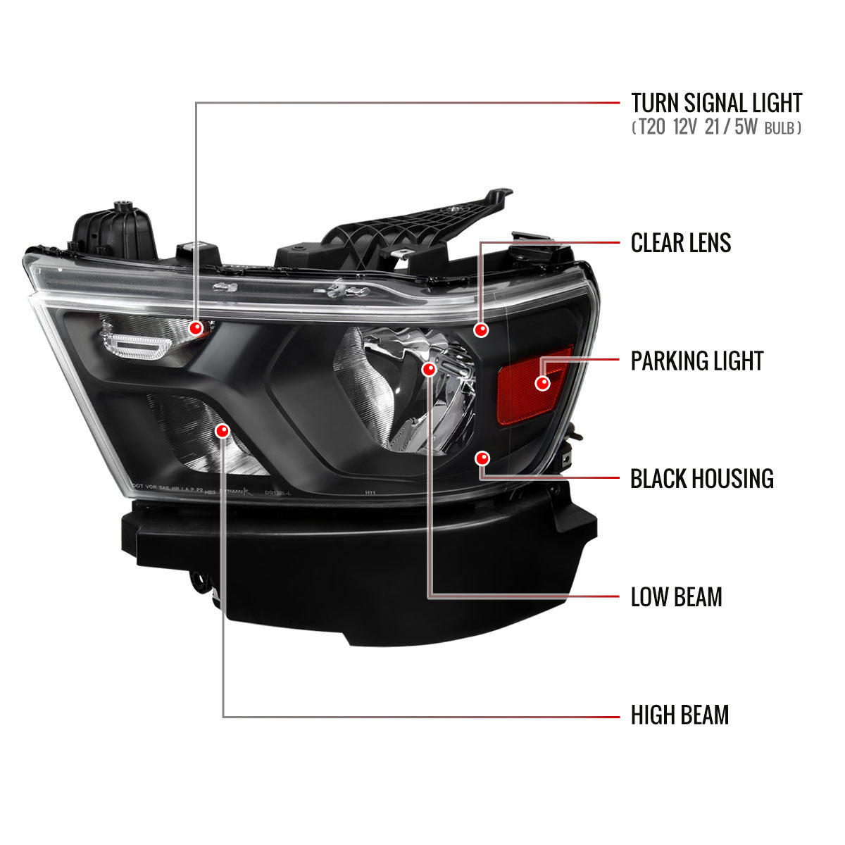 Spec-D Tuning - 2019-2024 Dodge Ram 1500 Factory Style Crystal Headlight - Driver Side Only (Black Housing / Clear Lens) - 2LH-RAM1915JM-L-RS