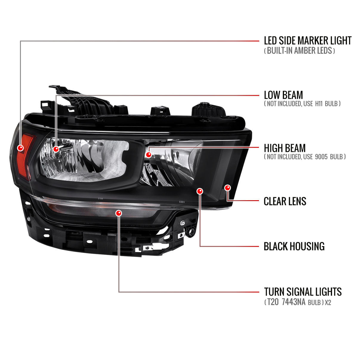 Spec-D Tuning - 2019-2024 Dodge Ram 2500 3500 Factory Style Crystal Headlight - Passenger Side Only (Black Housing / Clear Lens) - 2LH-RAM1925JM-R-RS
