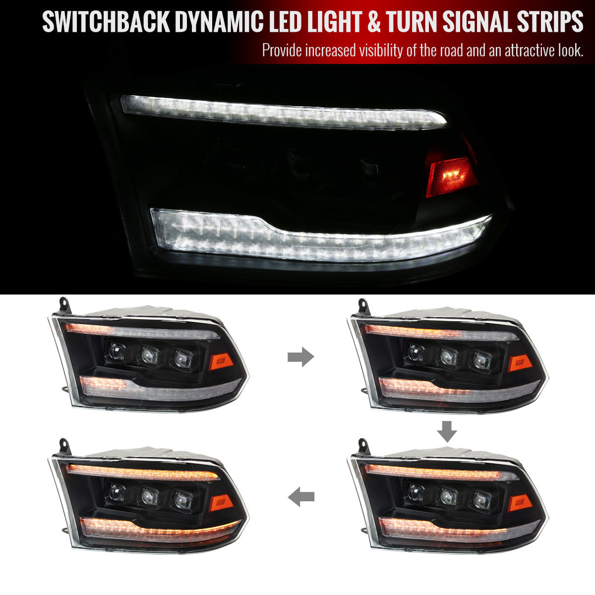 Spec-D Tuning - 2009-2018 Dodge RAM 1500 / 2019 RAM Classic / 2010-2018 RAM 2500 3500 Switchback Sequential Full LED Projector Headlights (Matte Black Housing/Clear Lens) - 2LHE-RAM09JM-SQ-RS