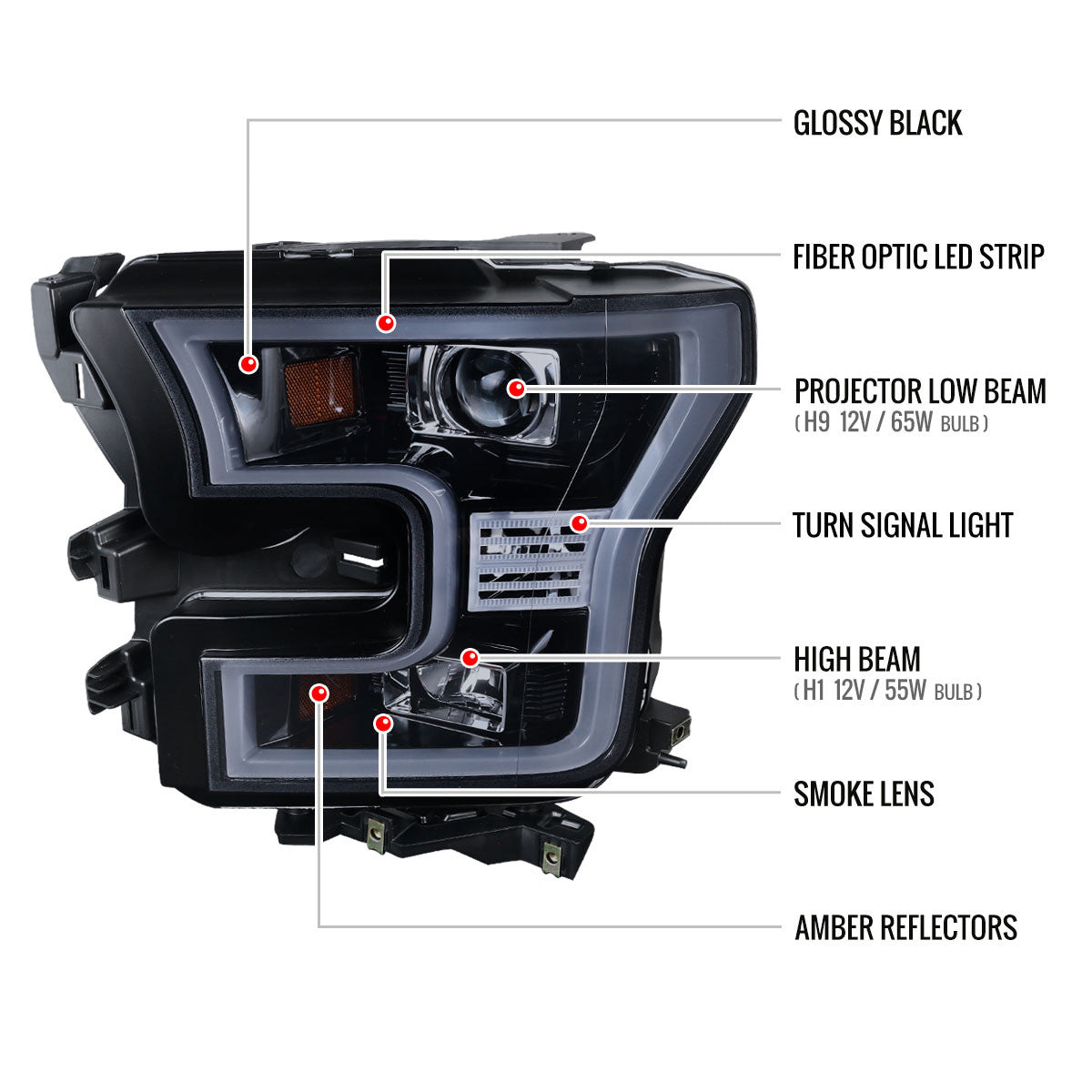 Spec-D Tuning - 2015-2017 Ford F-150 LED Bar Outline Projector Headlights (Glossy Black Housing/Smoked Lens) - 2LHP-F15015G-TM