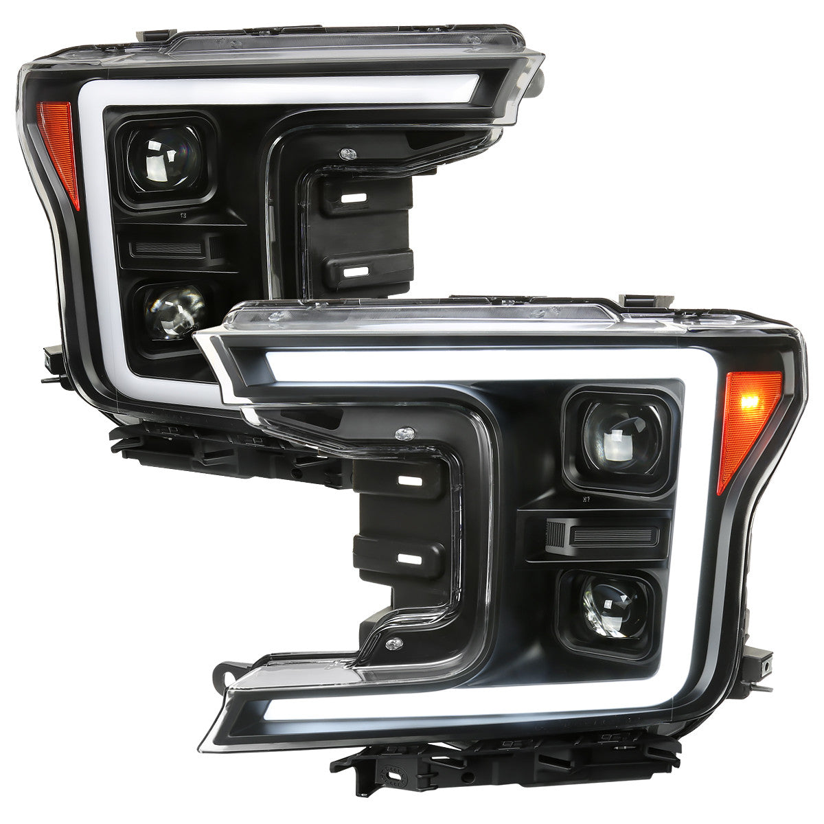 Spec-D Tuning - 2018-2020 Ford F-150 LED C-Bar Projector Headlights w/ Switchback Sequential Turn Signal Lights (Matte Black Housing / Clear Lens) - 2LHP-F15018JM-SQ-RS