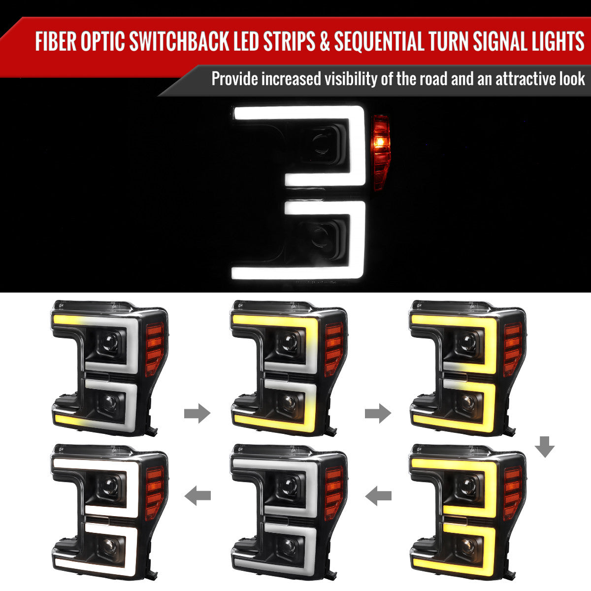 Spec-D Tuning - 2017-2019 Ford F-250 F-350 F-450 F-550 LED C-Bar Projector Headlights w/ Switchback Sequential Turn Signals (Black Housing/Clear Lens) - 2LHP-F25017JM-SQ-RS