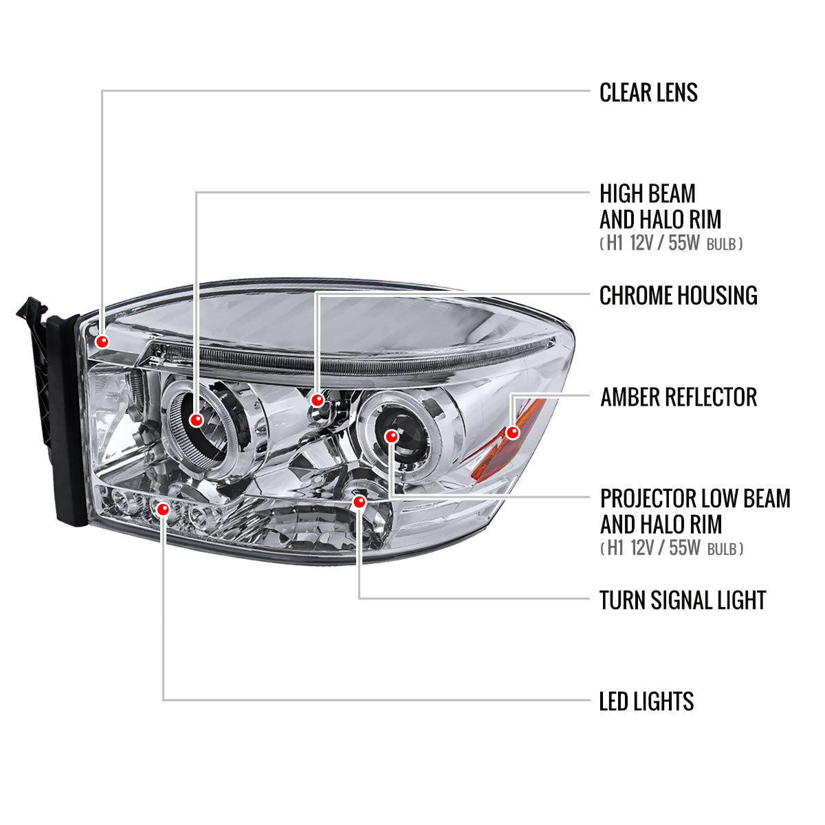 Spec-D Tuning - 2006-2008 Dodge RAM 1500/ 2006-2009 RAM 2500 3500 Dual Halo Projector Headlights (Chrome Housing/Clear Lens) - 2LHP-RAM06-TM