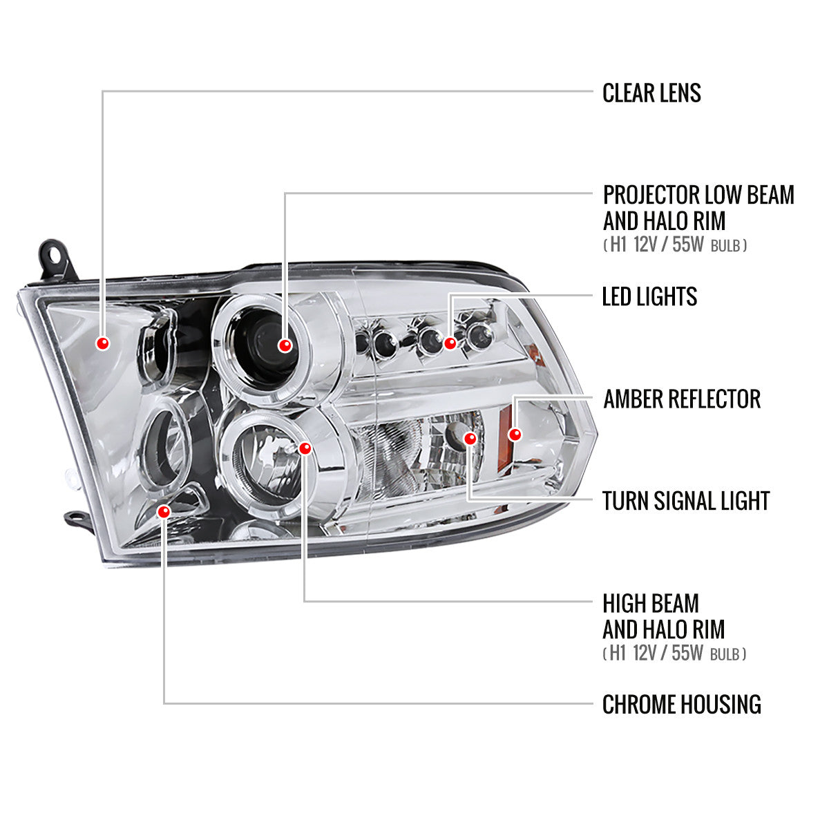 Spec-D Tuning - 2009-2018 Dodge RAM 1500 / 2019-2021 RAM Classic / 2010-2018 RAM 2500 3500 Dual Halo Projector Headlights (Chrome Housing/Clear Lens) - 2LHP-RAM09-TM