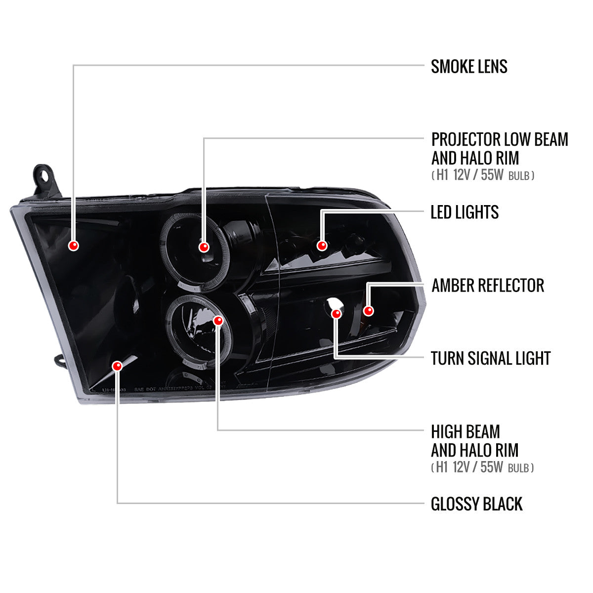 Spec-D Tuning - 2009-2018 Dodge RAM 1500 / 2019-2021 RAM Classic / 2010-2018 RAM 2500 3500 Dual Halo Projector Headlights (Glossy Black Housing/Smoked Lens) - 2LHP-RAM09G-TM