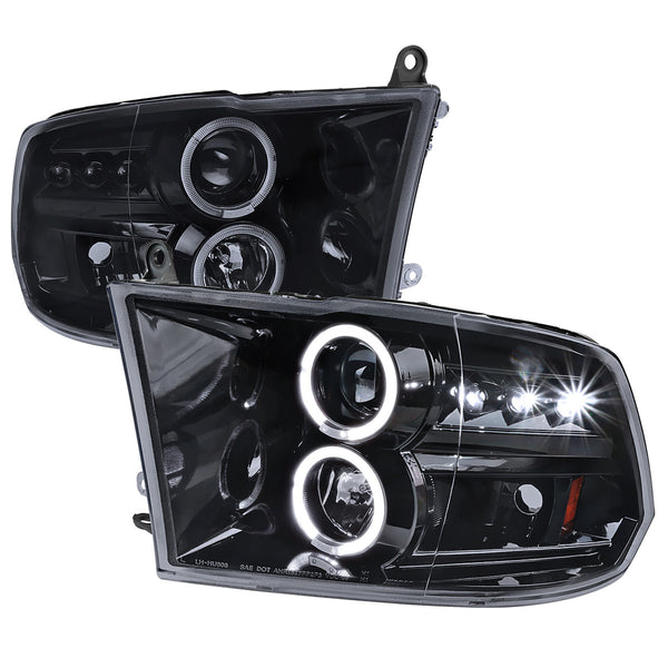Spec-D Tuning - 2009-2018 Dodge RAM 1500 / 2019-2021 RAM Classic / 2010-2018 RAM 2500 3500 Dual Halo Projector Headlights (Glossy Black Housing/Smoked Lens) - 2LHP-RAM09G-TM