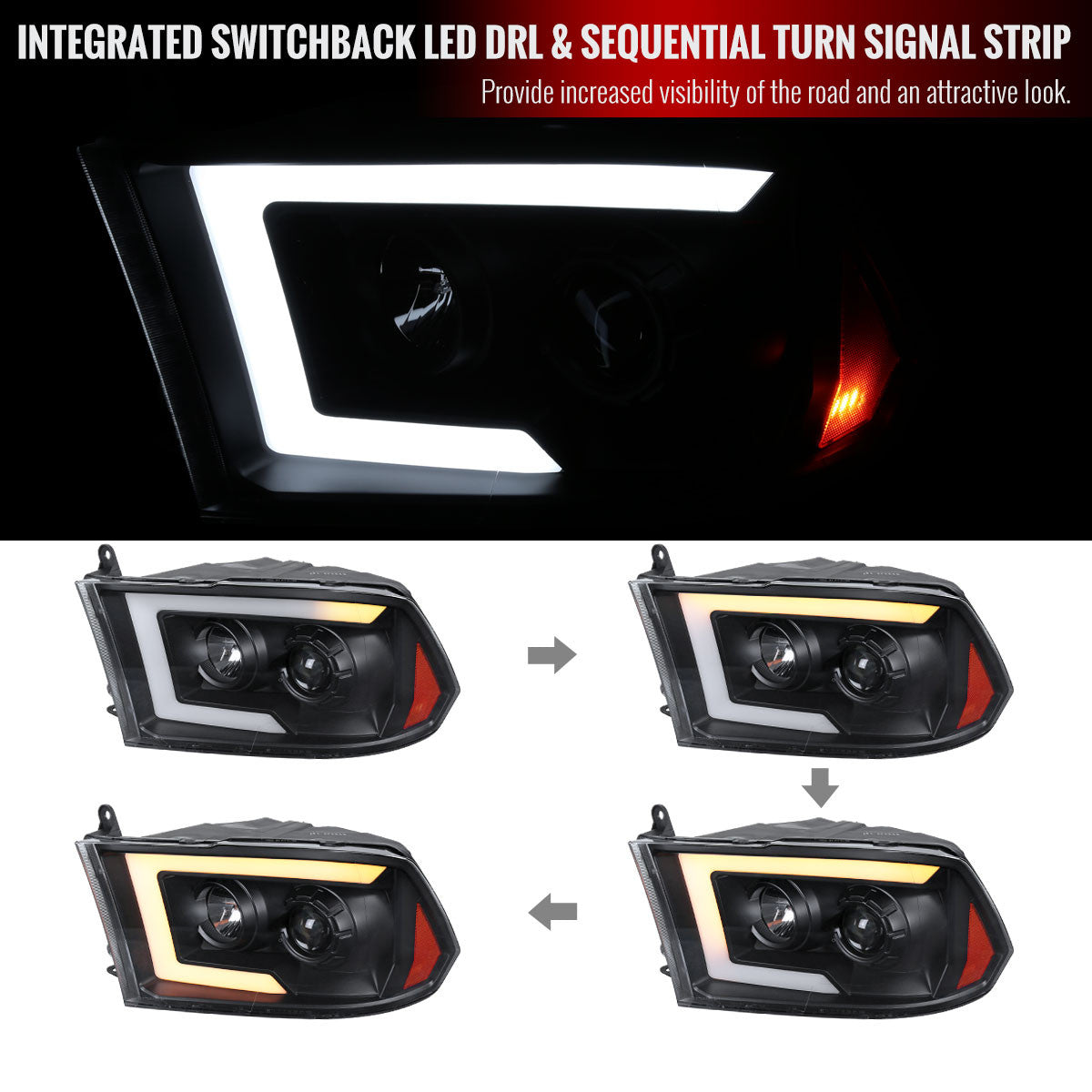 Spec-D Tuning - 2009-2018 Dodge RAM 1500 / 2019-2021 RAM Classic/ 2010-2018 RAM 2500 3500 Switchback Sequential LED C-Bar Projector Headlights (Matte Black Housing/Clear Lens) - 2LHP-RAM09JM-SQ-RS