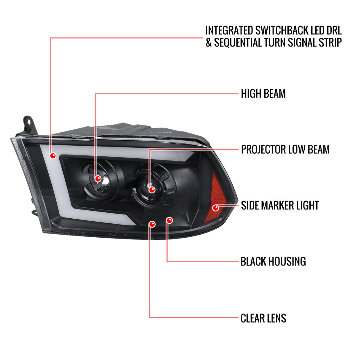 Spec-D Tuning - 2009-2018 Dodge RAM 1500 / 2019-2021 RAM Classic/ 2010-2018 RAM 2500 3500 Switchback Sequential LED C-Bar Projector Headlights (Matte Black Housing/Clear Lens) - 2LHP-RAM09JM-SQ-RS