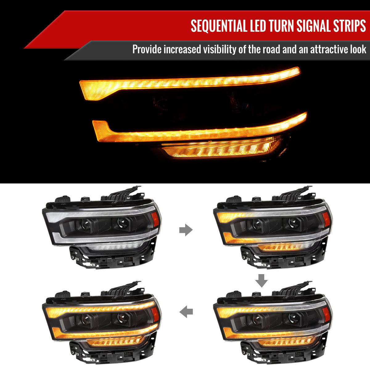 Spec-D Tuning - 2019-2024 Dodge RAM 2500/3500/4500/5500 Switchback Sequential LED Turn Signal Projector Headlights (Matte Black Housing/Clear Lens) - 2LHP-RAM1925JM-SQ-RS