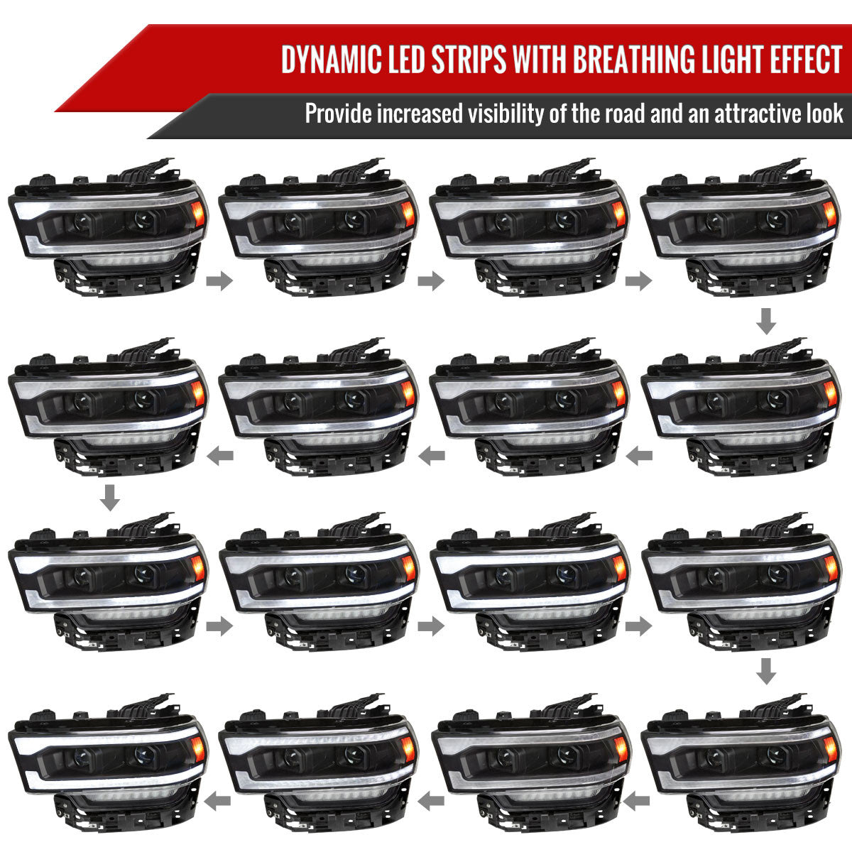 Spec-D Tuning - 2019-2024 Dodge RAM 2500/3500/4500/5500 Switchback Sequential LED Turn Signal Projector Headlights (Matte Black Housing/Clear Lens) - 2LHP-RAM1925JM-SQ-RS