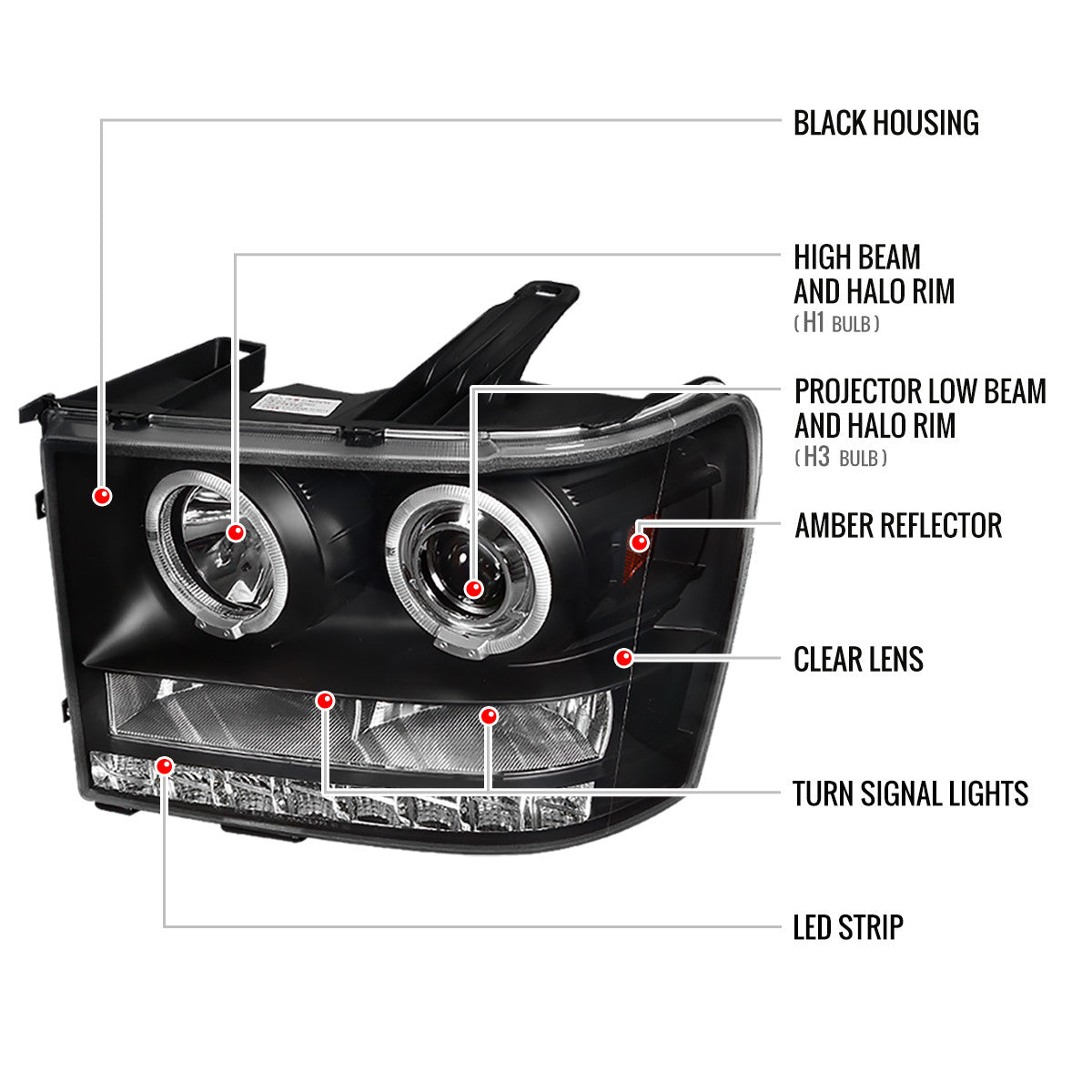 Spec-D Tuning - 2007-2014 GMC Sierra SMD Dual Halo Projector Headlights (Matte Black Housing/Clear Lens) - 2LHP-SIE07JM-TM