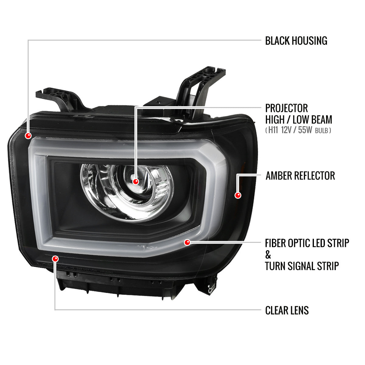 Spec-D Tuning - 2014-2019 GMC Sierra 1500/2500HD/3500HD LED Bar Projector Headlights w/ LED Turn Signal Lights (Chrome Housing/Clear Lens) - 2LHP-SIE14JM-TM