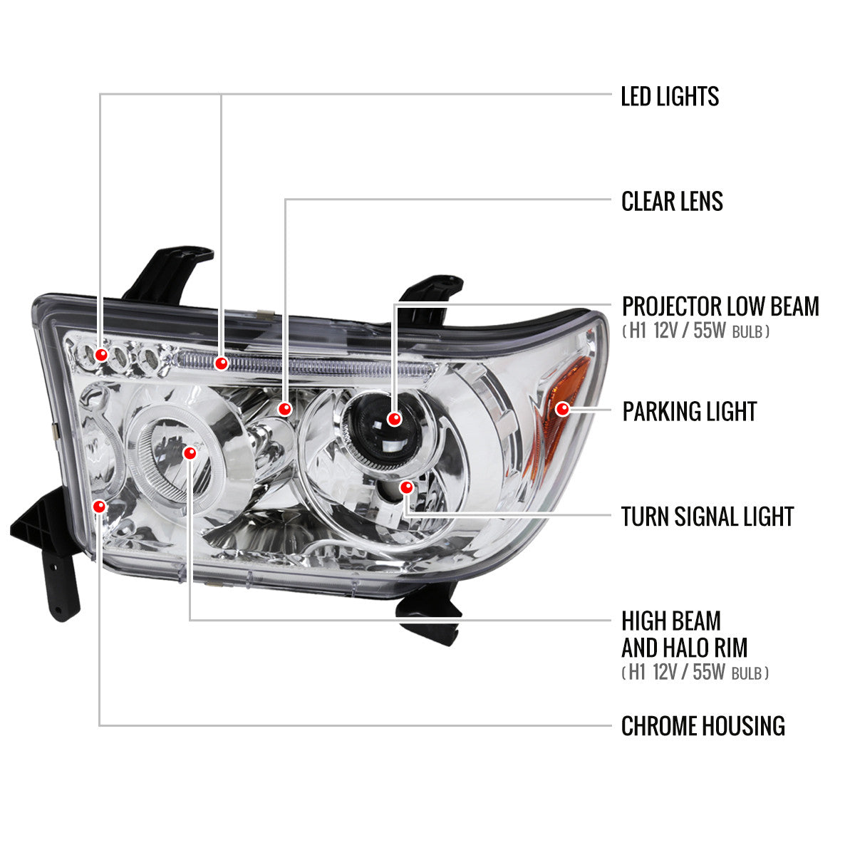 Spec-D Tuning - 2007-2013 Toyota Tundra/ 2008-2017 Sequoia Single Halo Projector Headlights (Chrome Housing/Clear Lens) - 2LHP-TUN07-TM