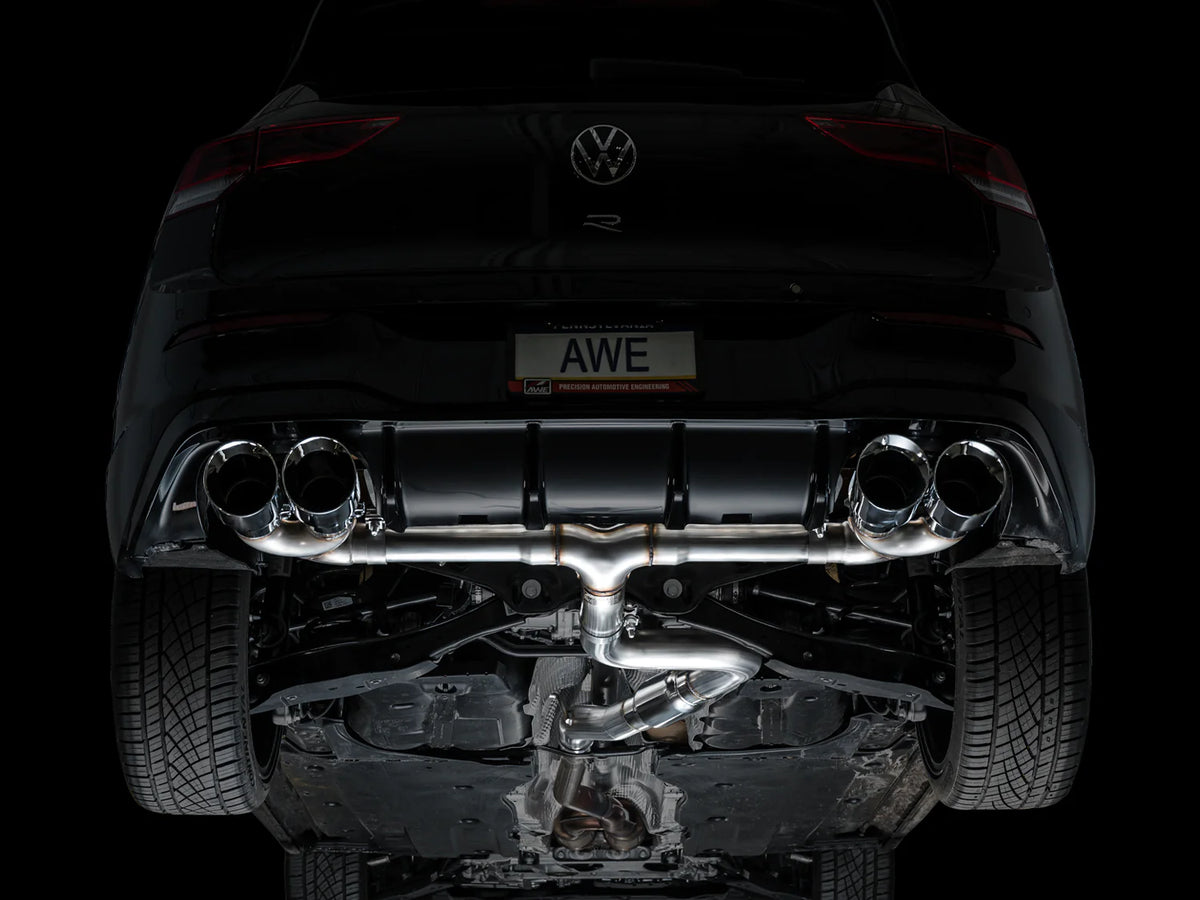 AWE MK8 Volkswagen Golf R 3in Track Edition Quad Exhaust - Chrome Silver Tips