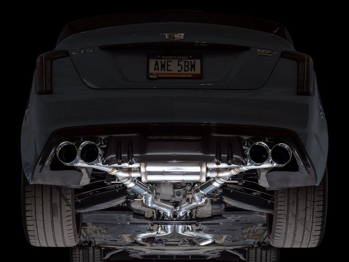 AWE 22-26 Cadillac CT5-V Blackwing SwitchPath Exhaust - Chrome Silver Tips - 3025-42562 for 2022-2026 Cadillac CT5 - side vie