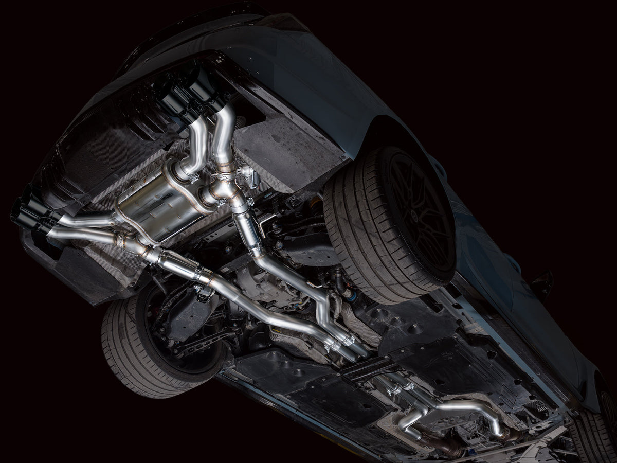 AWE 22-26 Cadillac CT5-V Blackwing SwitchPath Exhaust - Diamond Black Tips - 3025-43562 for 2022-2026 Cadillac CT5 - angle vi