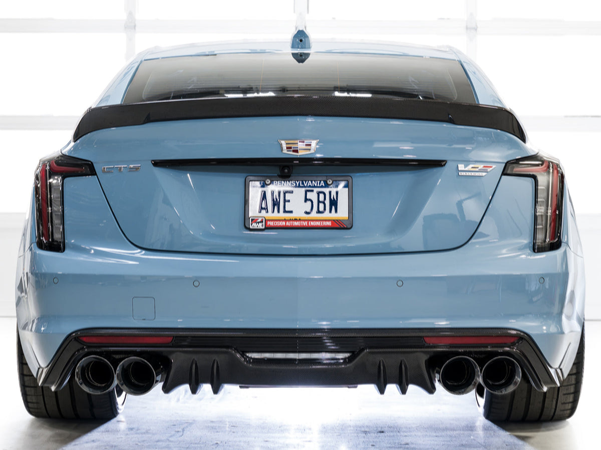 AWE 22-26 Cadillac CT5-V Blackwing SwitchPath Exhaust - Diamond Black Tips - 3025-43562 for 2022-2026 Cadillac CT5 - angle vi