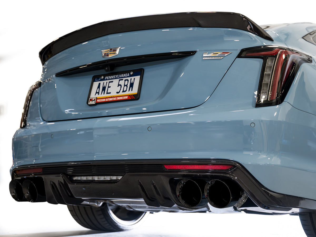 AWE 22-26 Cadillac CT5-V Blackwing SwitchPath Exhaust - Diamond Black Tips - 3025-43562 for 2022-2026 Cadillac CT5 - close-up