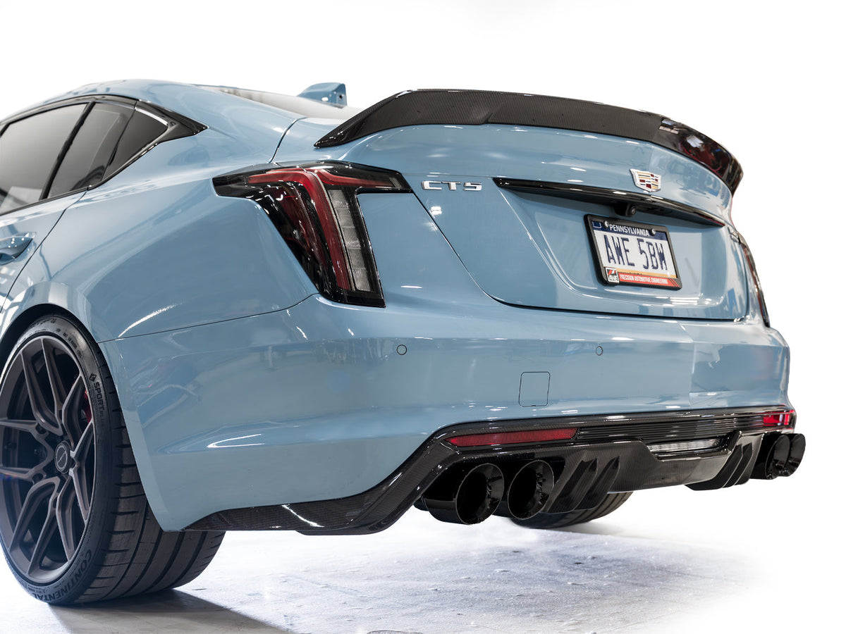 AWE 22-26 Cadillac CT5-V Blackwing SwitchPath Exhaust - Diamond Black Tips - 3025-43562 for 2022-2026 Cadillac CT5 - side vie