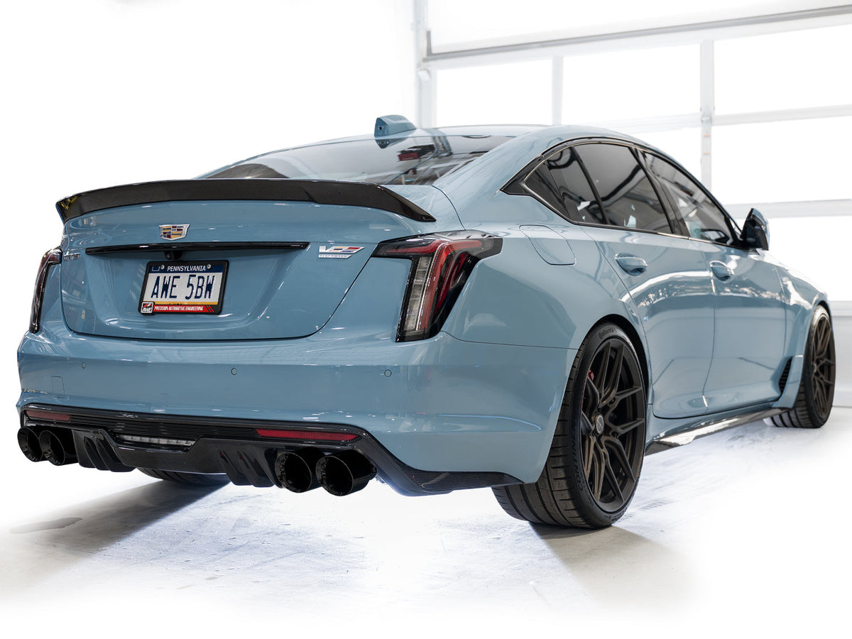 AWE 22-26 Cadillac CT5-V Blackwing SwitchPath Exhaust - Diamond Black Tips - 3025-43562 for 2022-2026 Cadillac CT5 - rear vie