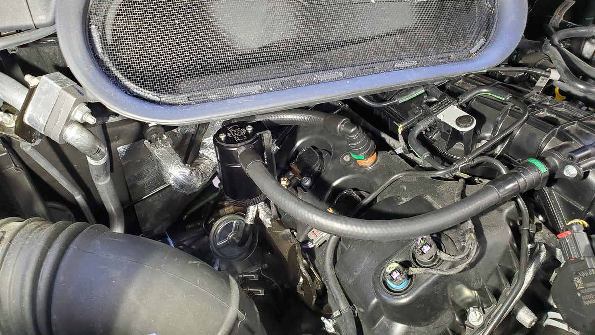 J&L 15-24 Ford Transit 150/250/350 3.5L EcoBoost Passenger Side Oil Separator 3.0 - Black Anodiz - 3025P-B