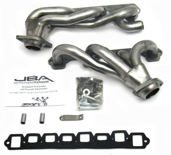 JBA 87-96 Ford F-150 5.8L SBF 1-5/8in Primary Raw 409SS Cat4Ward Header - 1628S for 1986-1996 Ford F 150 - front view