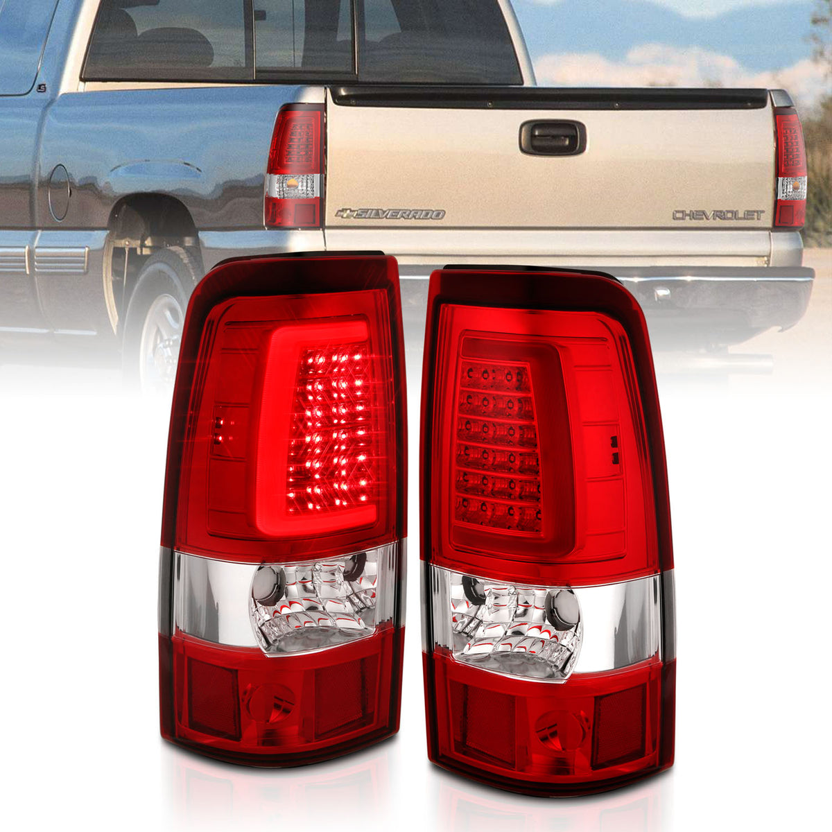 ANZO 1999-2002 Chevy Silverado 1500 LED Taillights Plank Style Chrome With Red/Clear Lens - 311332 for 1999-2007 GMC Sierra 1