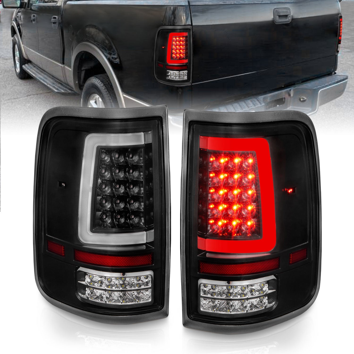 ANZO 2004-2006 Ford F-150 LED Tail Lights w/ Light Bar Black Housing Clear Lens - 311342 for 2004-2008 Ford F 150 - front vie