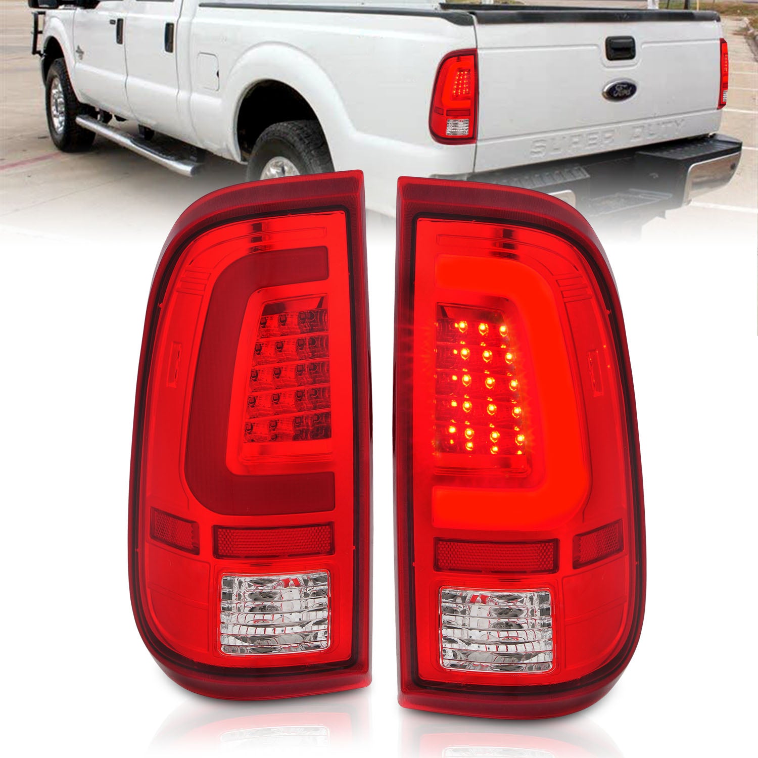 ANZO 2008-2016 Ford F-250 LED Taillights Chrome Housing Red/Clear Lens (Pair) - 311358 for 2008-2016 Ford F 250 - front view