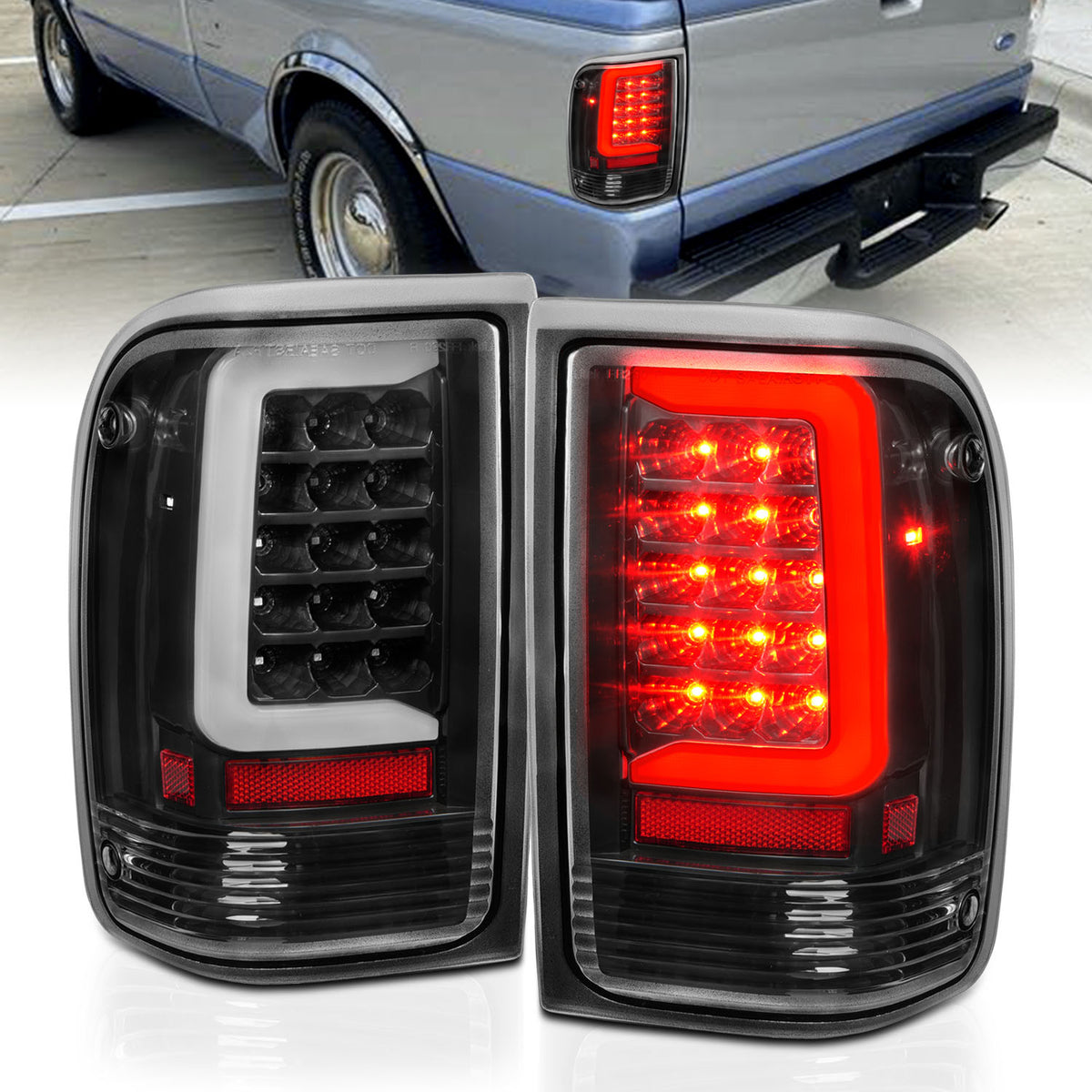 ANZO 1993-1997 Ford  Ranger LED Tail Lights w/ Light Bar Black Housing Clear Lens - 311359 for 1993-1997 Ford Ranger - front 