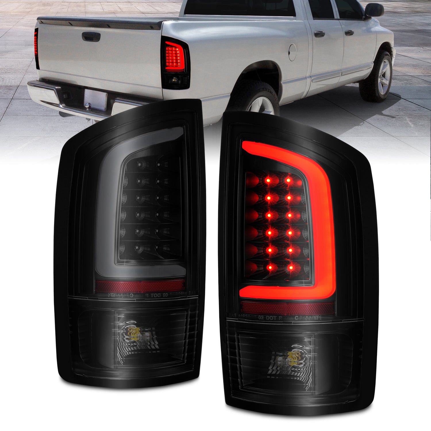 ANZO 2002-2006 Dodge  Ram 1500 LED Tail Lights w/ Light Bar Black Housing Smoke Lens - 311369 for 2002-2006 Dodge Ram 1500 - 
