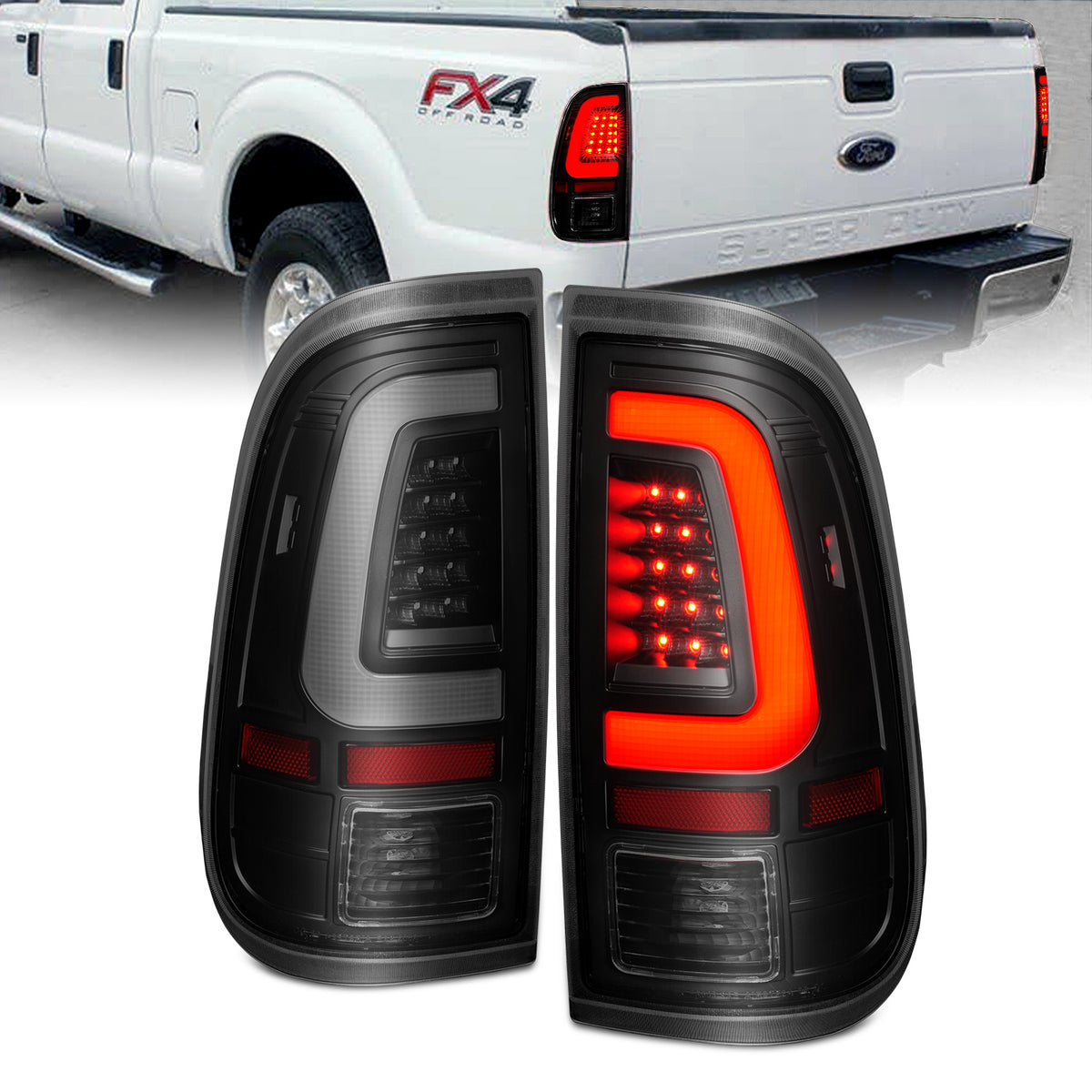 ANZO 2008-2016 Ford  F-250  LED Tail w/ Lights Bar Black Housing Smoke Lens - 311379 for 2008-2016 Ford F 250 - front view