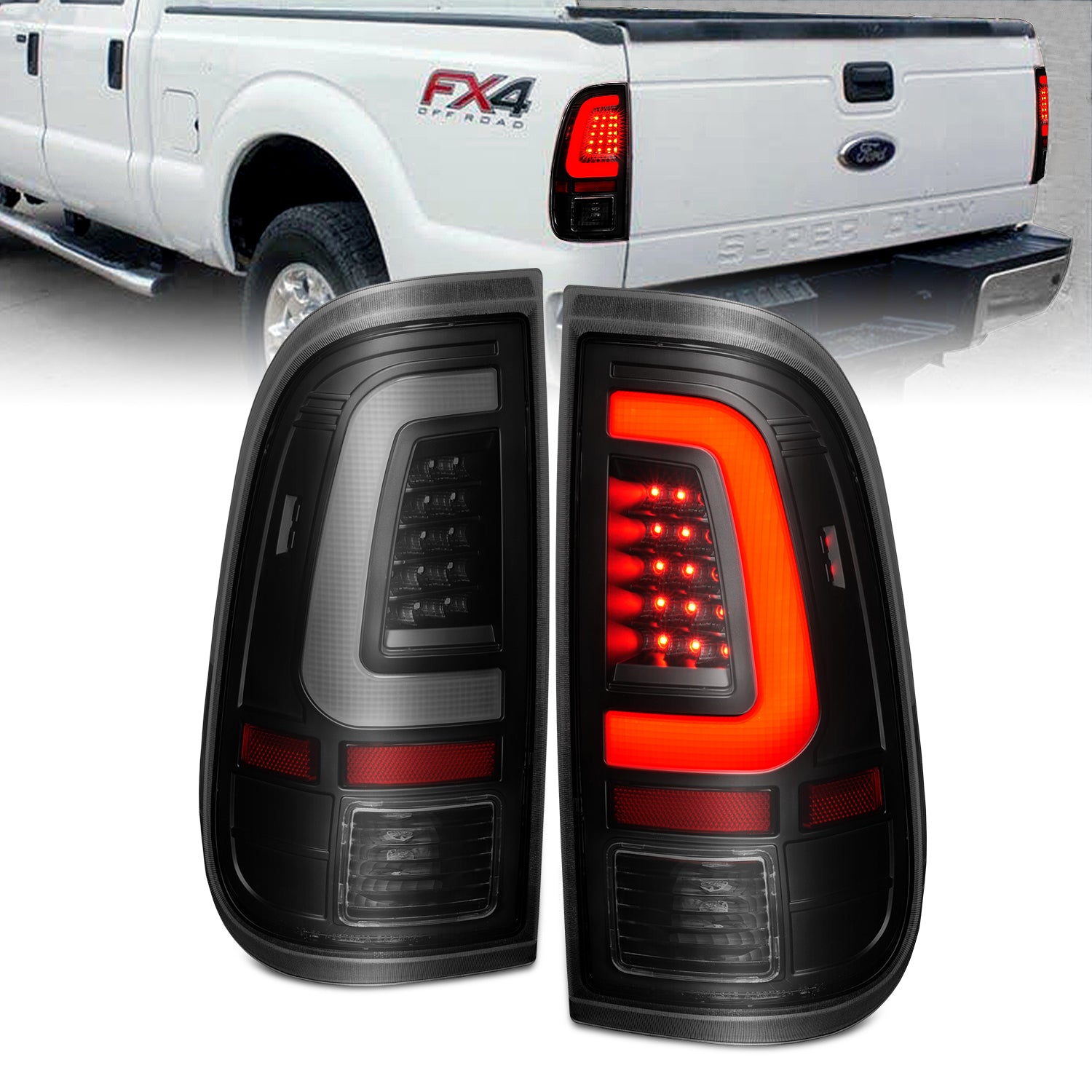 ANZO 2008-2016 Ford  F-250  LED Tail w/ Lights Bar Black Housing Smoke Lens - 311379 for 2008-2016 Ford F 250 - front view
