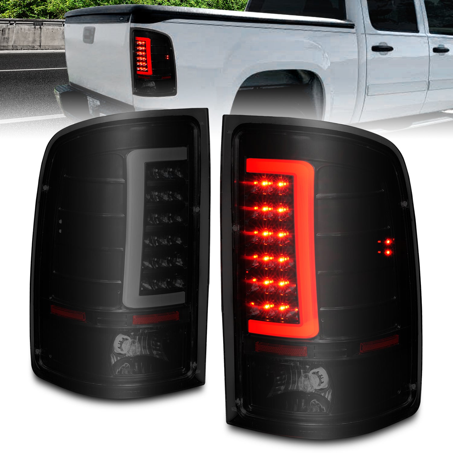 ANZO 2007-2013 GMC Sierra LED Tail Lights w/ Light Bar Black Housing Smoke Lens - 311389 for 2007-2014 GMC Sierra 1500 - fron