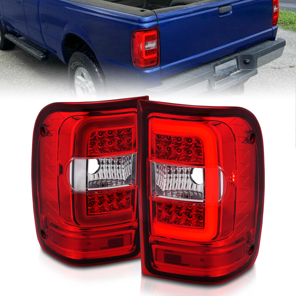 ANZO 2001-2011 Ford  Ranger LED Tail Lights w/ Light Bar Chrome Housing Red/Clear Lens - 311393 for 2001-2011 Ford Ranger - f