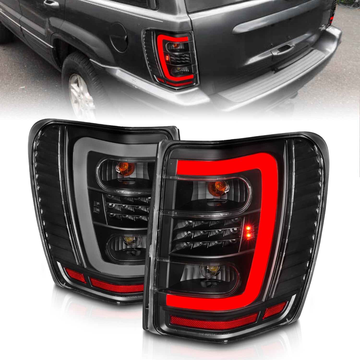 ANZO 1999-2004 Jeep Grand Cherokee LED Tail Lights w/ Light Bar Black Housing Clear Lens - 311394 for 1999-2004 Jeep Grand Ch