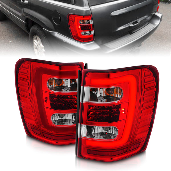 ANZO 1999-2004 Jeep Grand Cherokee LED Tail Lights w/ Light Bar Chrome Housing Red/Clear Lens - 311396 for 1999-2004 Jeep Gra