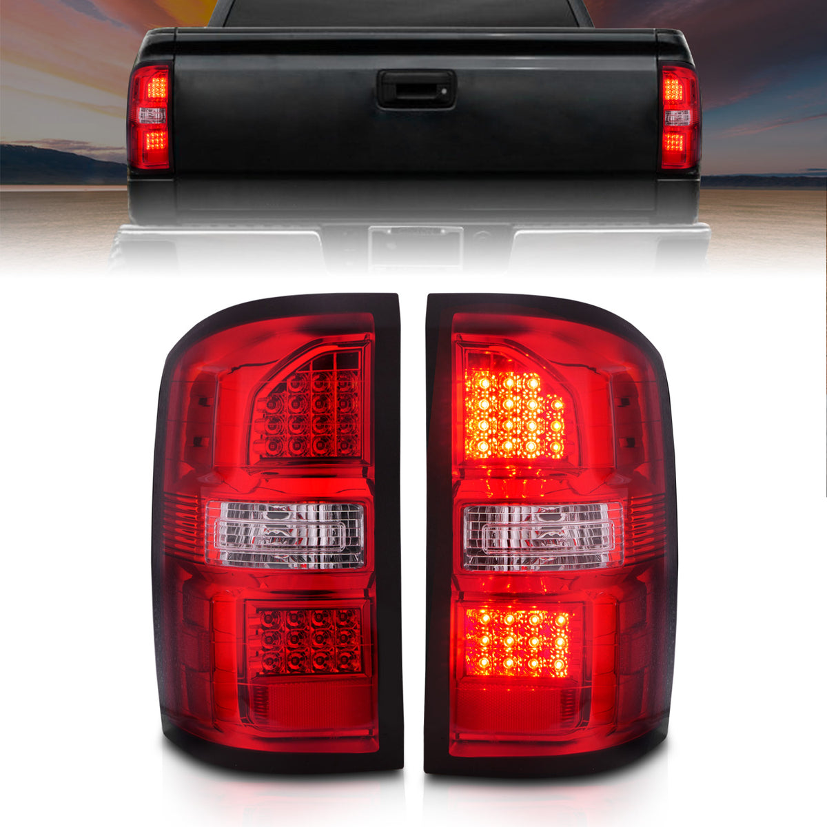 ANZO 2014-2018 GMC Sierra LED Tail Lights Black Housing Red/Clear Lens - 311399 for 2014-2018 GMC Sierra 1500 - front view