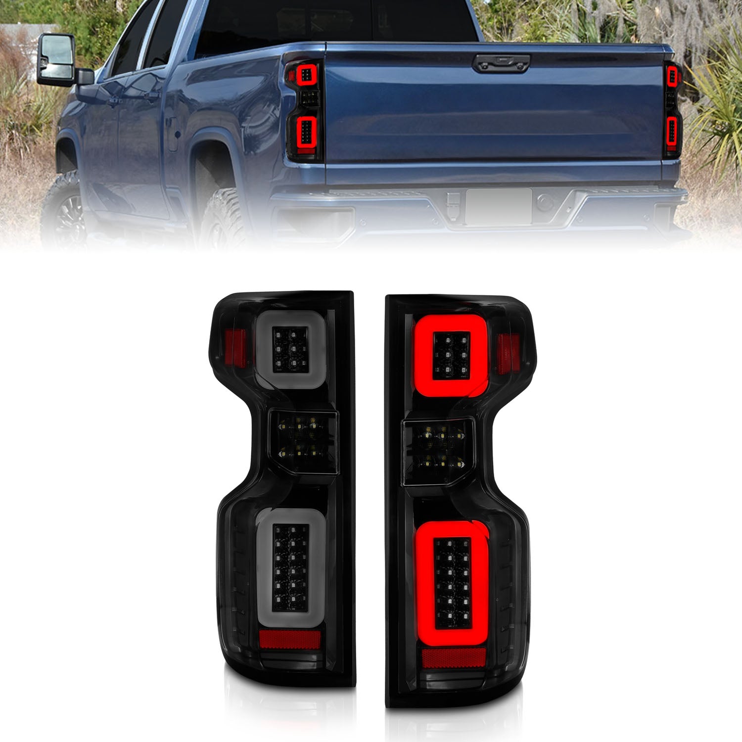 Anzo 19-21 Chevy Silverado Full LED Tailights Black Housing Smoke Lens G2 (w/C Light Bars) - 311415 for 2019-2024 Chevrolet S