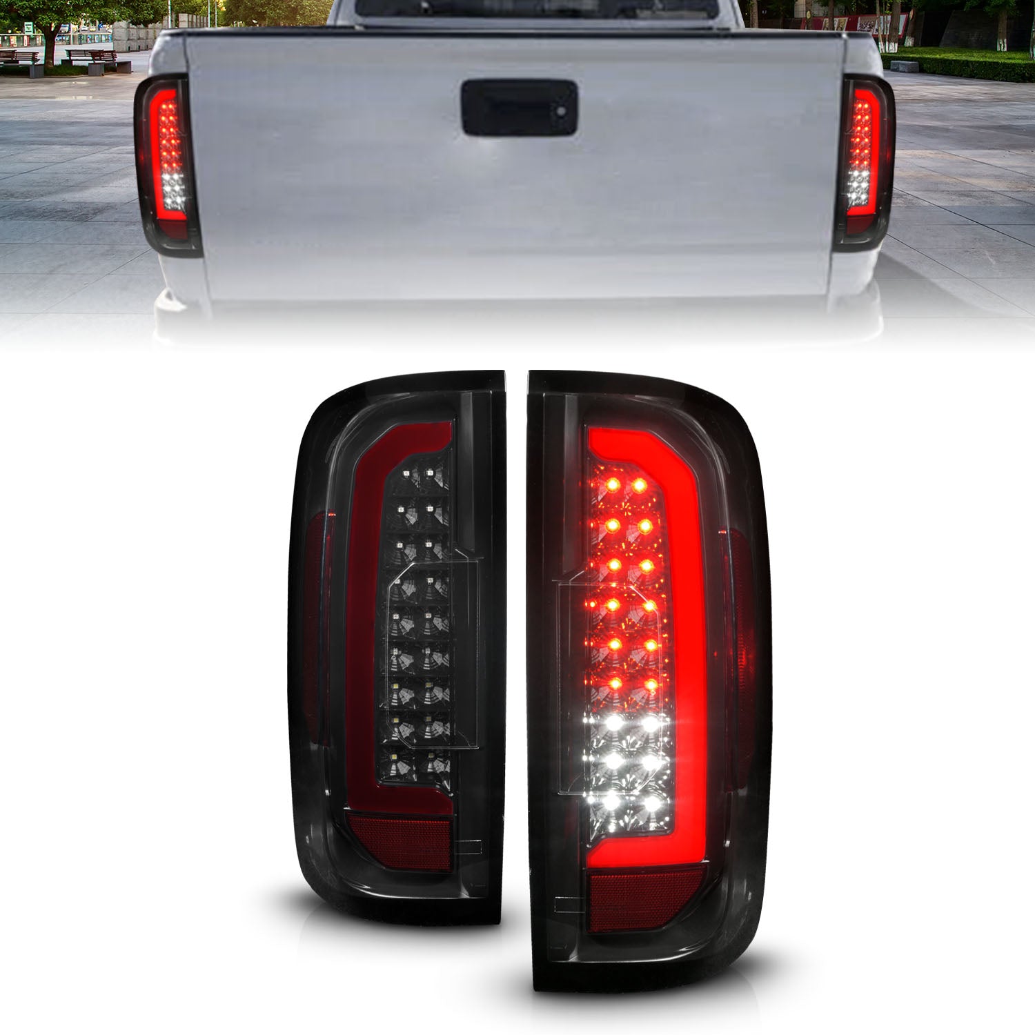 ANZO 15-21 Chevrolet Colorado Full LED Tail Lights w/ Red Lightbar Black Housing Smoke Lens - 311433 for 2015-2022 Chevrolet 