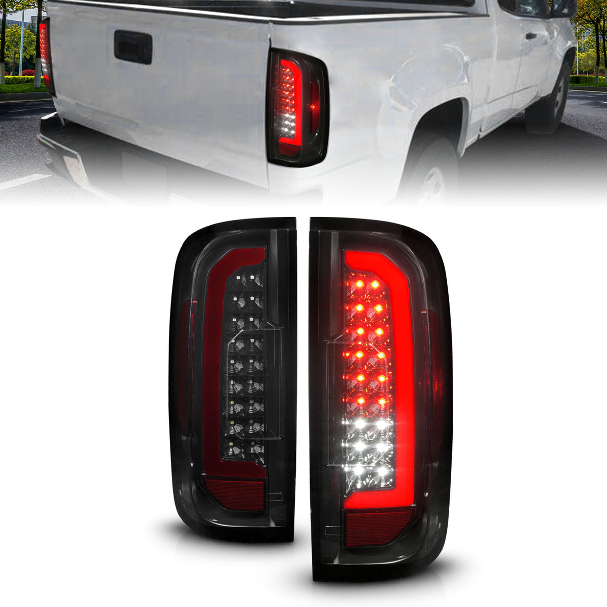 ANZO 15-21 GMC Canyon Full LED Tail Lights w/ Red Lightbar Black Housing Smoke Lens - 311435 for 2015-2022 GMC Canyon - front