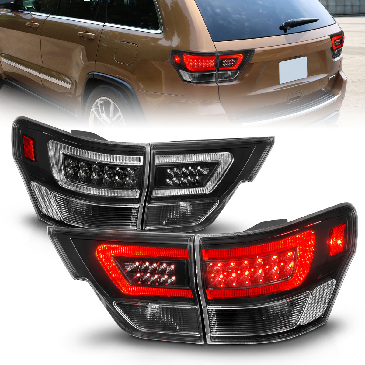 ANZO 11-13 Jeep Grand Cherokee LED Taillights w/ Lightbar Black Housing/Clear Lens 4pcs - 311439 for 2011-2013 Jeep Grand Che